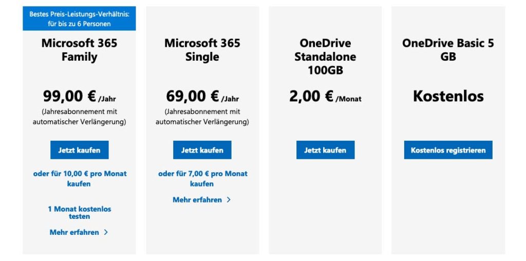 Hier sieht man die Preise von den unterschiedlichen OneDrive Paketen (Stand 02/2022).