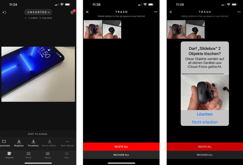 Screenshots von Slidebox: Links der Sortierbildschirm, mittig die Ansicht des Papierkorbs und rechts die Rückfrage, von iOS, ob die App tatsächlich die Fotos löschen darf.