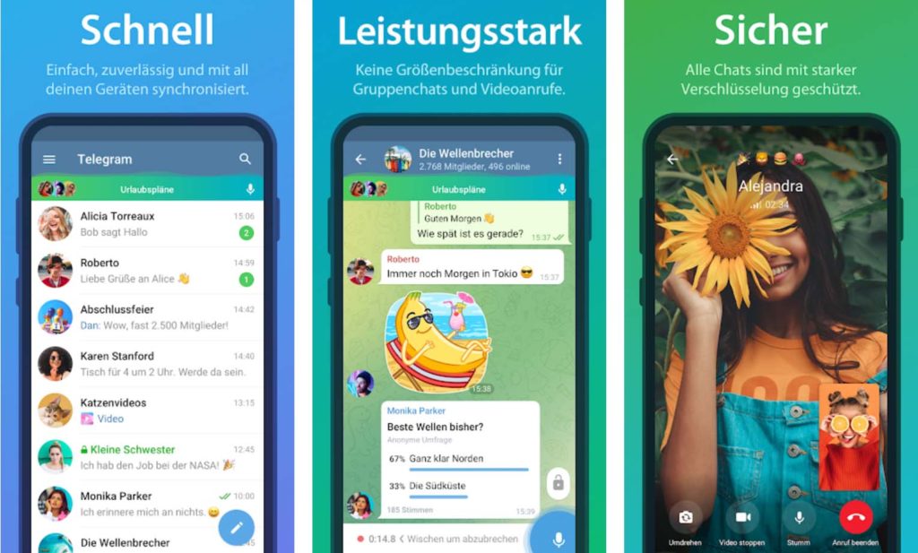 Die Screenshots zeigen, welche Möglichkeiten Telegram auf dem Smartphone bietet. 