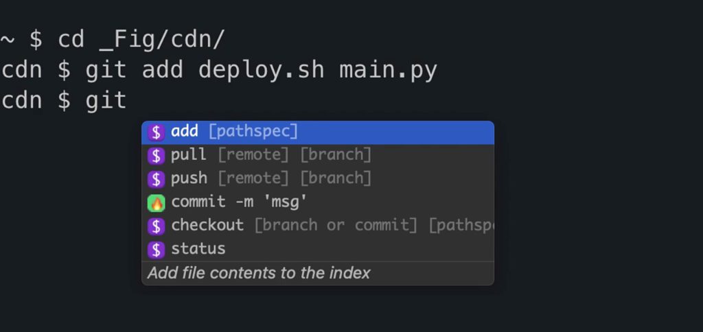 Das Fig Add-on für macOS Terminal, iTerm, Hyper und VSCode liefert eine Befehle-Bibliothek für die schnellere Eingabe von Code. Die Vorschläge erscheinen als Drop-Down-Menü und können mit Tastatur oder Maus ausgewählt werden. Details und Links zum gratis Download gibt's hier.