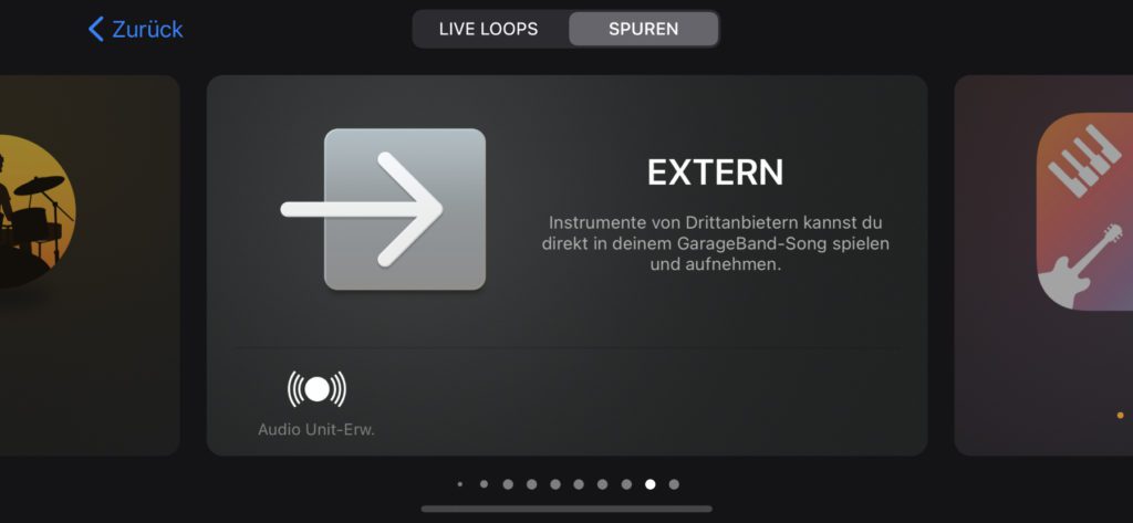 In der GarageBand App auf dem iPhone ist es sehr einfach, externe Audio Units als Plug-in zu nutzen. So sieht der entsprechende Menüpunkt aus.