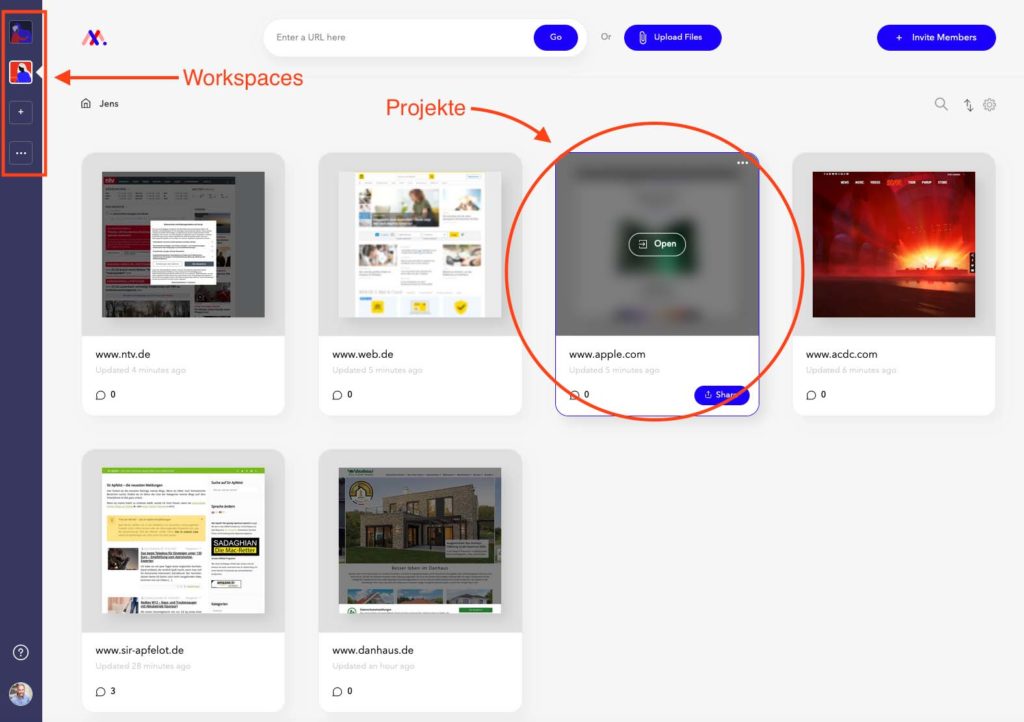 Im Dashboard von Markup.io kann man Workspaces anlegen, welche man mit unterschiedlichen Teams nutzen kann. In jedem Workspace ist wiederum eine Reihe von Webseiten möglich, welche man dann mit Anmerkungen versehen kann.