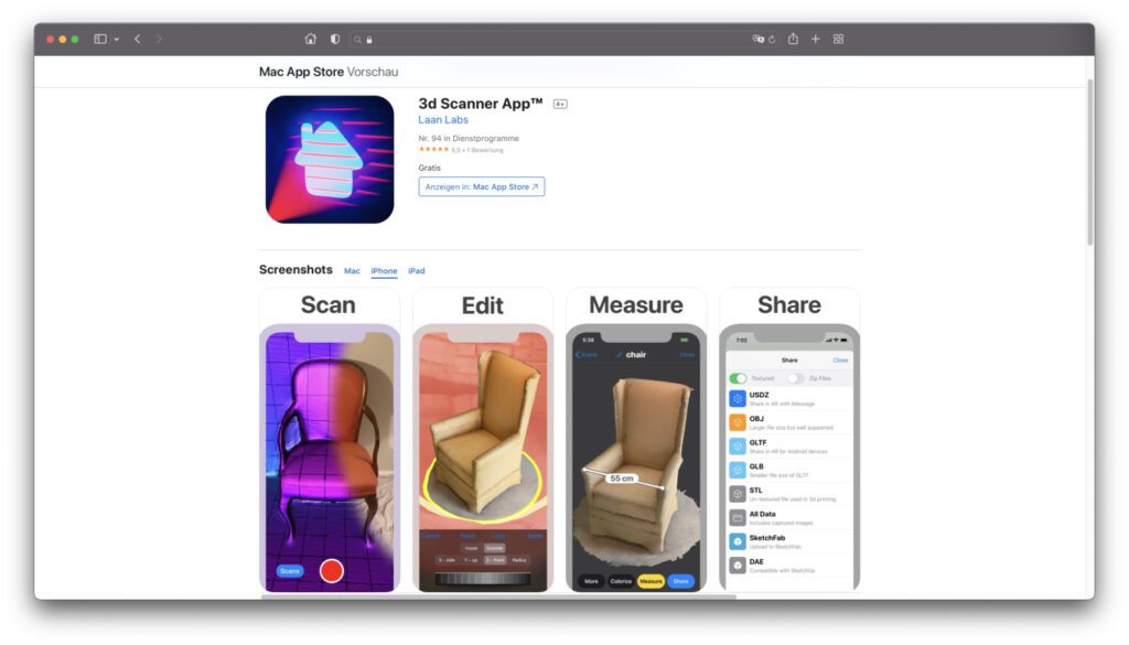 Die 3d Scanner App von Laan Labs ist nicht nur gut bewertet, sondern auch gratis für macOS, iOS und iPadOS verfügbar. Per Kamera und LiDAR-Scanner (mobil) sowie per Fotoaufnahmen (Mac) könnt ihr AR-Objekte erstellen.