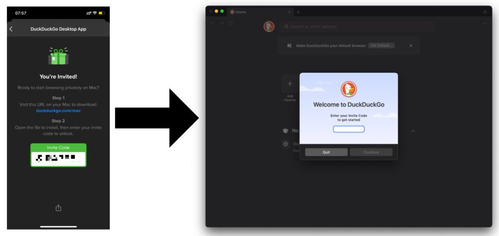 Will man den DuckDuckGo Browser am Mac testen, kann man sich in der mobilen App dafür anmelden. Nachdem der Code für die Registrierung eingegangen ist, geht es los.