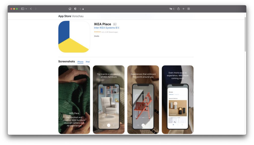 IKEA Place steht hier repräsentativ für eine Gruppe von Möbelhaus-Apps und Web-Anwendungen, vermittels derer ihr Möbel und andere Einrichtungsgegenstände per AR in eurer Wohnung platzieren könnt.