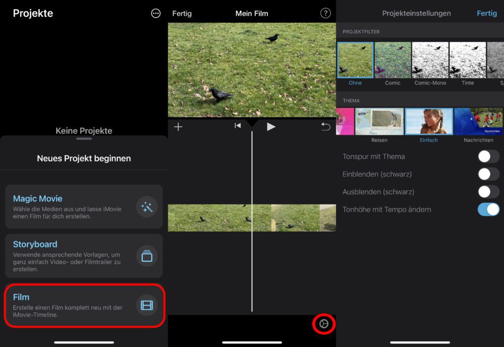 Die komplett manuelle Videobearbeitung findet in iMovie 3.0 für iOS und iPadOS auf der Timeline bzw. im Film-Modus statt. Übergänge werden direkt auf der Timeline eingestellt, weitere Optionen tun sich über das Zahnrad-Symbol auf. Hier die Ansicht im Hochformat.