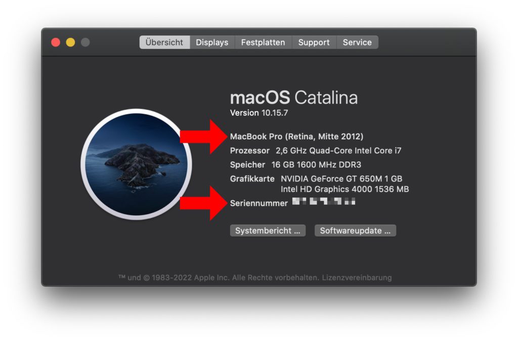 Unter Apple-Menü () -> Über diesen Mac findet ihr bereits das Modell und die Seriennummer eures Apple-Computers.
