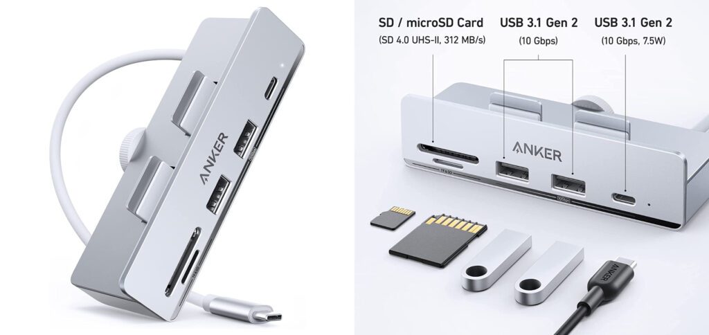 Das Anker 535 Hub könnt ihr an den Apple iMac klemmen und anschließend fünf Anschlüsse für USB-Geräte, Festplatten, Speichersticks, Scanner, Drucker, SD-Karten und microSD-Speicherkarten nutzen. Ohne Kabelsalat ganz einfach am Thunderbolt-Anschluss.