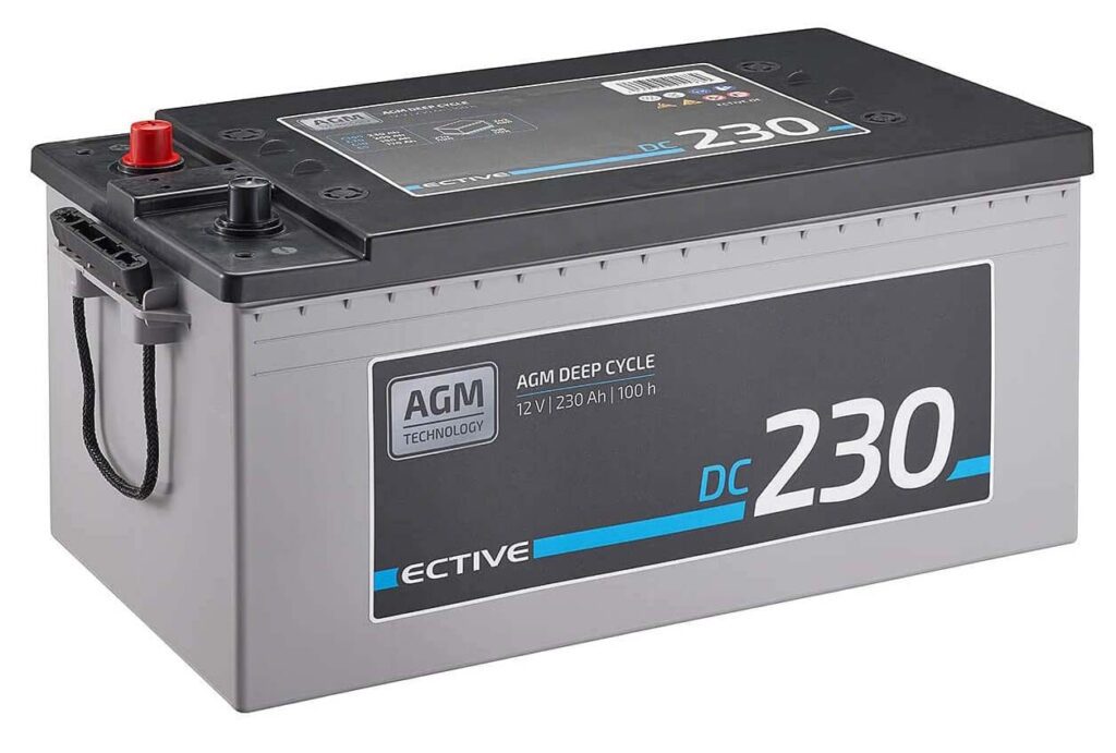 So große AGM Batterien, wie die Ective 230Ah Batterie, sind perfekt als Akku für das Wohnmobil geeignet, da man auch ein Solarpanel nutzen kann, um diese Akkus zu laden (Foto: Amazon).