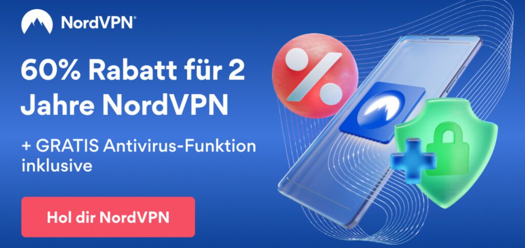 Mit dem Aktionslink aus diesem Beitrag bekommt ihr noch bis zum 15. Juni 2022 NordVPN mit 60% Rabatt sowie gratis Antivirus Software. So zahlt ihr zwei Jahre lang nur 2,89 Euro für mehr Datensicherheit und Anonymität im Internet.