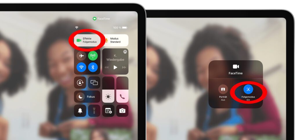 Unter macOS und iPadOS könnt ihr den Folgemodus der Kamera über das Kontrollzentrum auswählen. Mit nur wenigen Klicks oder ein paar Malen tippen könnt ihr Center Stage aktivieren oder deaktivieren.
