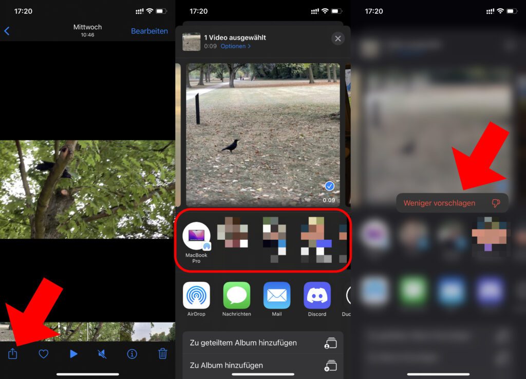 Am Beispiel eines Videos in der Fotos App erklärt: Wählt am Apple iPhone einen Inhalt aus, tippt auf das Teilen-Symbol und haltet dann das zu entfernende Ziel. Tippt anschließend auf "Weniger vorschlagen".