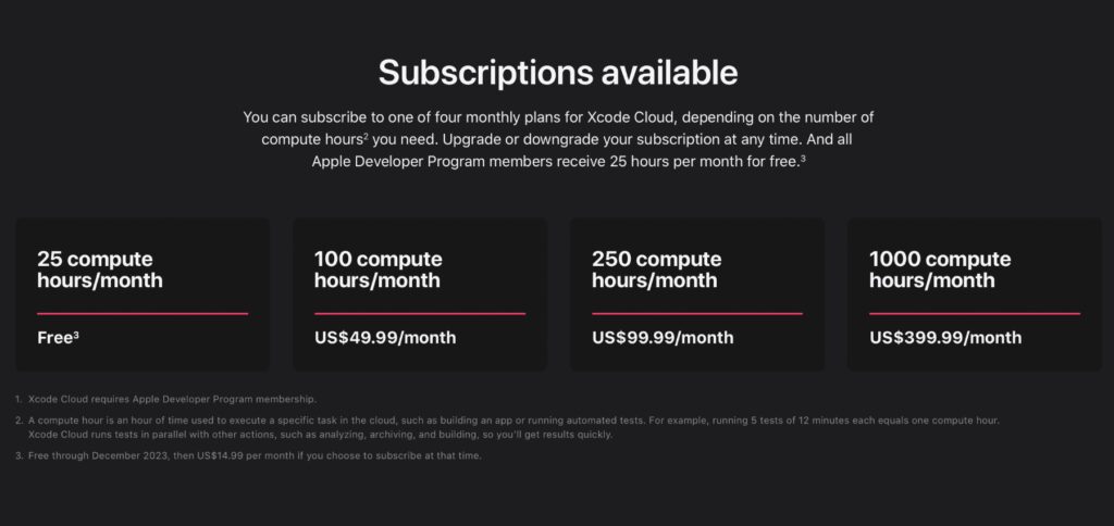 Dies sind die aktuellen Xcode Cloud Preise für Developer, die Server-Rechenleistung von Apple nutzen wollen. Screenshot der entsprechenden Unterseite von Apple.com