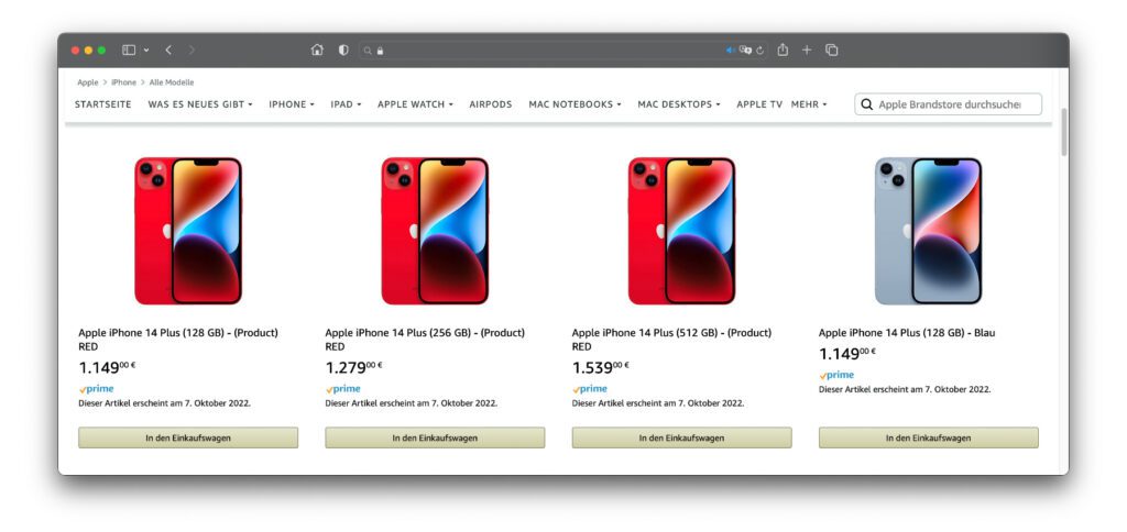 Nicht nur im Apple Online-Shop, sondern auch schon bei Amazon könnt ihr die am Mittwoch vorgestellten Geräte bestellen. Klickt euch mit den unten stehenden Links zu den Möglichkeiten, das iPhone 14 (Pro) bei Amazon zu kaufen bzw. die neuen Apple Watch Modelle bei Amazon zu bestellen. Auch die AirPods Pro 2 gibt es schon.