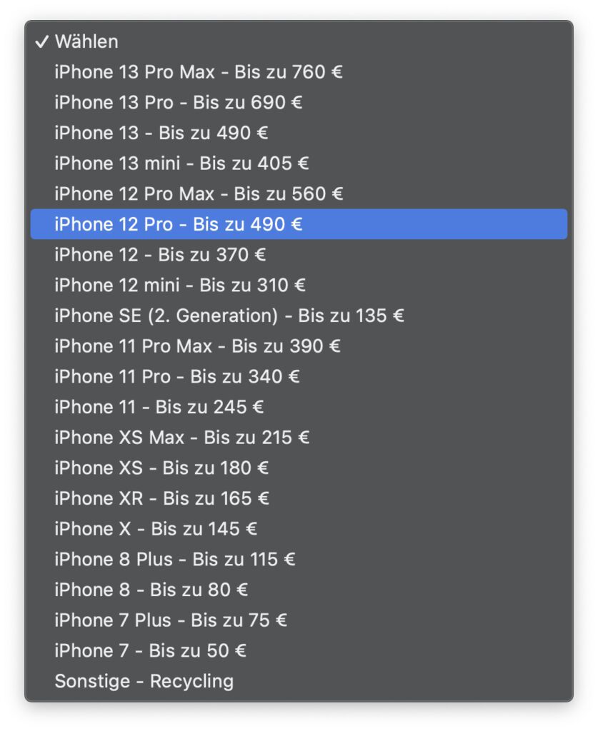 Kauft ihr das neue iPhone 14 (Plus) über den Apple Online-Shop, so könnt ihr euer altes Modell eintauschen und dafür eine Gutschrift bekommen. Die Preise zeigen dabei das Maximum an, das es für ein voll funktionsfähiges Gerät ohne Beschädigungen gibt.