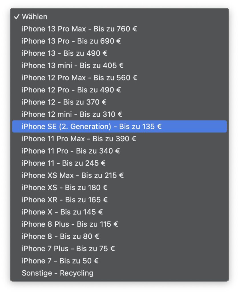 Kauft ihr das neue iPhone 14 Pro (Max) über den Apple Online-Shop, so könnt ihr euer altes Smartphone eintauschen und dafür eine Gutschrift bekommen. Die Preise zeigen dabei das Maximum an, das es für ein voll funktionsfähiges Gerät ohne Beschädigungen gibt.