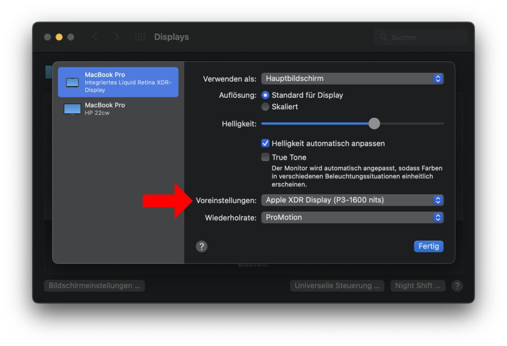 Auswahl des richtigen Display-Referenzmodus' über die Systemeinstellungen des Mac oder Apple Displays: Screenshot der Systemeinstellungen von macOS Monterey 12.5.1 (kann ab macOS Ventura anders aussehen).