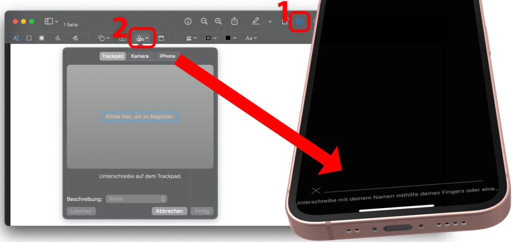 Wenn ihr eine PDF-Datei in der Vorschau App öffnet, dann ist das Unterschreiben auf gleich drei Wegen möglich: per Trackpad, per Webcam oder per iPhone.