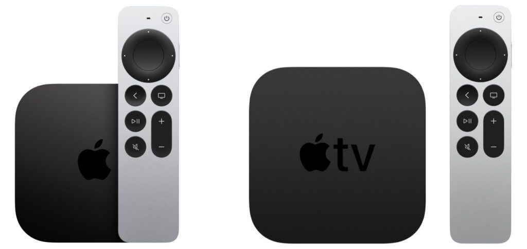 Der Apple TV 4K (3. Gen, 2022) links und der Apple TV 4K (2. Gen, 2021) rechts. Die kleineren Maße und das geringere Gewicht ergeben sich daraus, dass aufgrund eines effizienteren Chips der Lüfter eingespart wurde. So sinkt auch der Preis.