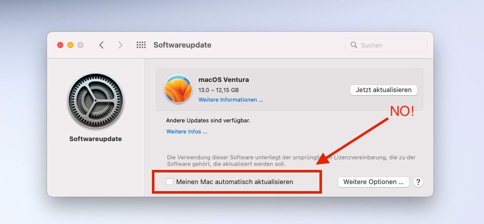 Die automatischen Updates von macOS sollte man unbedingt deaktivieren, denn große macOS-Updates sorgen oft für Probleme im Zusammenspiel mit anderen Apps – im Speziellen mit Anti-Virus-Programmen.