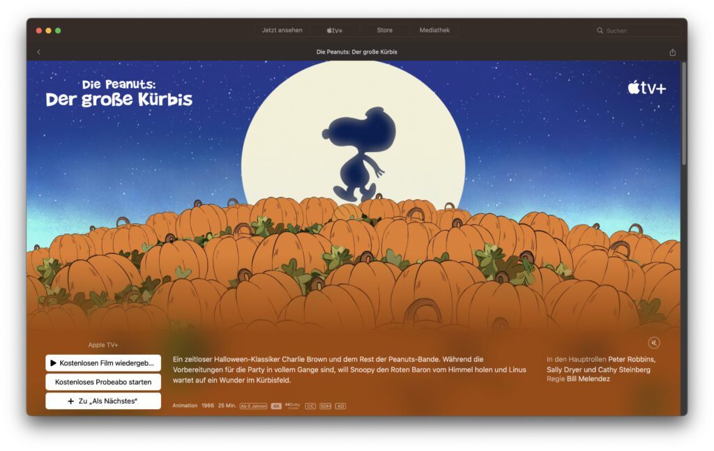 Bei Apple TV+ könnt ihr den 25-minütigen Film „It’s the Great Pumpkin, Charlie Brown“ bzw. „Die Peanuts: Der große Kürbis“ ab sofort sowie noch bis an Halloween, am 31. Oktober 2022, kostenlos streamen.