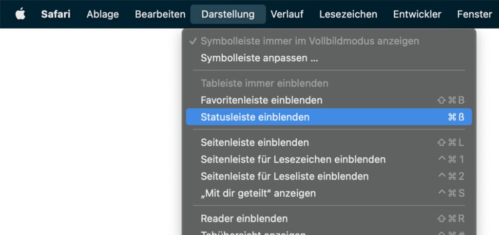 In der macOS-Menüleiste könnt ihr die URL-Vorschau von Safari wieder aktivieren, indem ihr in "Darstellung" auf "Statusleiste einblenden" klickt.