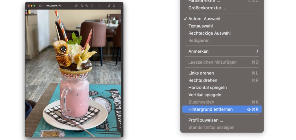 Habt ihr am Apple Mac ein Foto in der Vorschau App geöffnet, dann könnt ihr im Werkzeuge-Menü "Hintergrund entfernen" auswählen, um den Hauptinhalt vor einen transparenten Hintergrund zu stellen. 