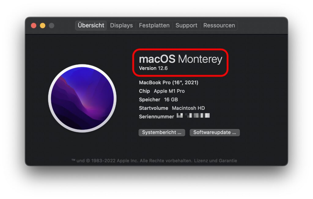 Im "Über diesen Mac"-Fenster findet ihr schnell und einfach die Informationen zu eurem Apple-Computer. Auch die Version des installierten Betriebssystems ist darunter.