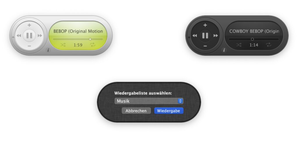 Die Music Widget App, die dem iTunes Widget von Mac OS X Tiger nachempfunden ist, kann im Hell- und Dunkelmodus verwendet werden. Über das kleine i gelangt man zur Playlist-Auswahl. 