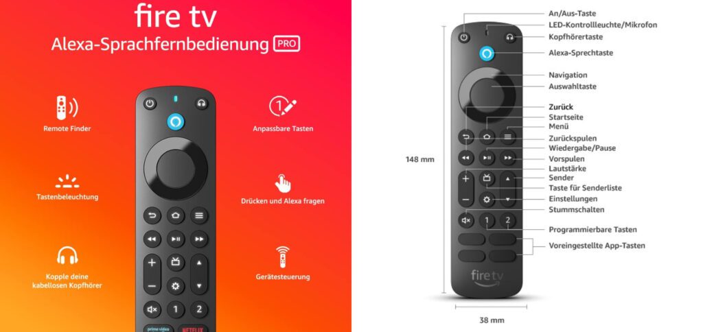 Die neue Alexa Sprachfernbedienung Pro für aktuelle Modelle von Fire TV Stick und Fire TV Cube hat nicht nur mehr Tasten, sondern auch eine Hintergrundbeleuchtung für dieselben, eine Ton-Ausgabe zum Auffinden sowie eine Kopfhörer-Taste für die schnelle Bluetooth-Kopplung. Bilderquelle: Amazon.de