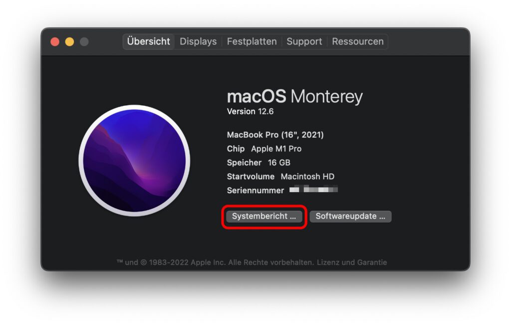 Bis macOS 12 Monterey kann der Systembericht des Apple Mac direkt via "Über diesen Mac" aufgerufen werden.