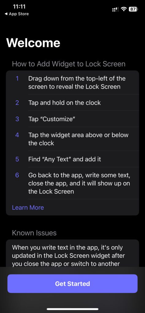 Beim ersten Öffnen der Any Text Lock Screen Widget App bekommt ihr eine Anleitung. Anhand derer könnt ihr schnell und einfach einen individuellen Text auf dem iPhone Sperrbildschirm platzieren.