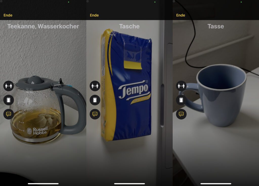 Ein paar Screenshots von Tests mit einer Kaffee- bzw. Teekanne, einer Taschentuchpackung und einer Tasse. Die Erkennung klappte dann am besten, wenn die Objekte einzeln von der Kamera eingefangen werden konnten.