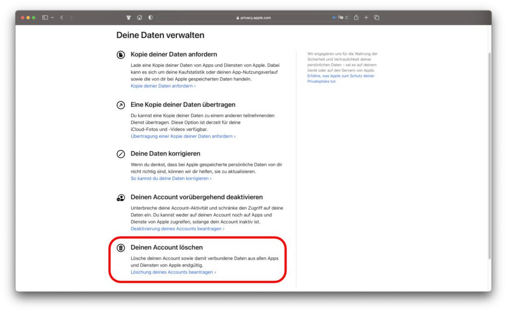 Auf der Privacy-Webseite könnt ihr eure Apple-ID entfernen oder auch temporär deaktivieren. Wie ihr euren Apple-ID-Account löscht, das lest ihr in der obigen Schritt-für-Schritt-Anleitung.