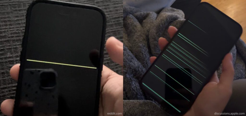 Die Fotos aus den Fehlermeldungen bei Reddit und auf der Apple-Seite (s. Links in der Einleitung). Hier sieht man einen einzelnen gelben Streifen sowie mehrere grüne Streifen, die sich horizontal auf den Displays von iPhone 14 Pro Modellen erstrecken.