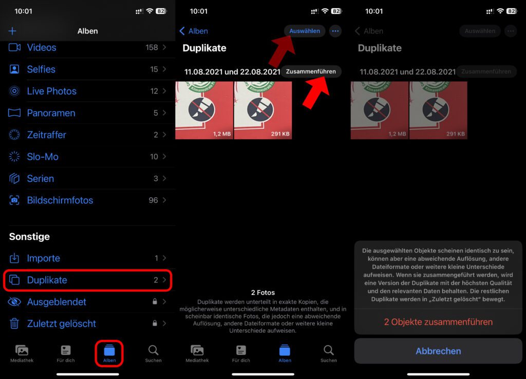 Um doppelte Fotos zu entfernen und Foto-Duplikate zusammenführen zu können, öffnet am iPhone die Fotos App, darin den Alben-Tab und dann den Duplikate-Ordner. Dort lassen sich alle Maßnahmen vornehmen.
