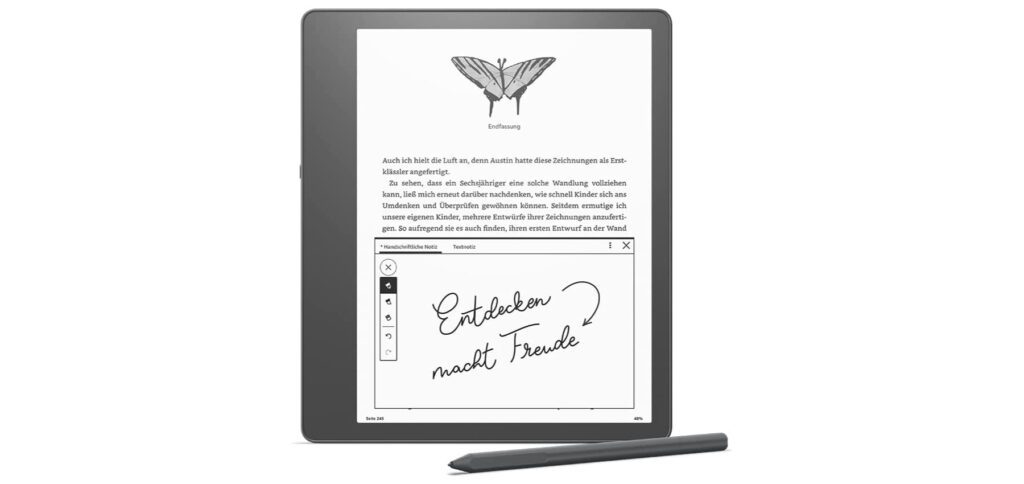 Der Amazon Kindle Scribe ist ein eBook-Reader mit Stift und Notiz-Funktion. Gedanken und Anmerkungen können für verschiedenste Bücher und Dokumente festgehalten werden. Zudem lassen sich Zeichnungen und Tagebücher anfertigen.