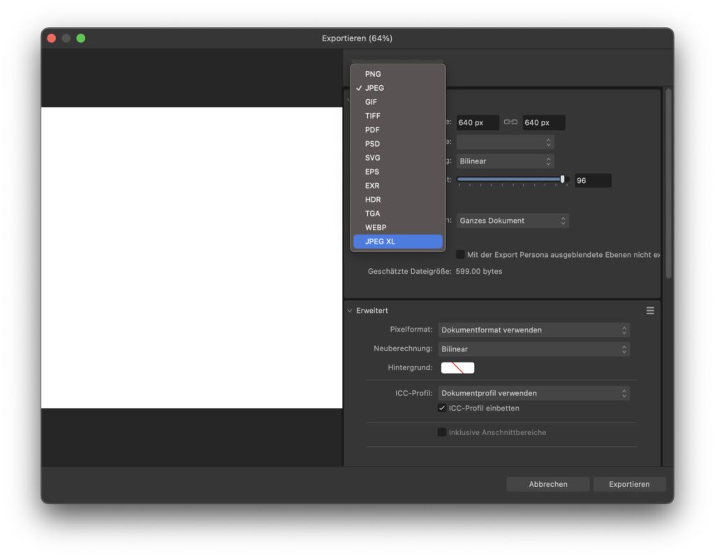 In Affinity Photo 2 von Serif lässt sich für den Export von Bildern das Dateiformat JPEG XL auswählen. Screenshot von Affinity Photo 2.0.4 unter macOS.