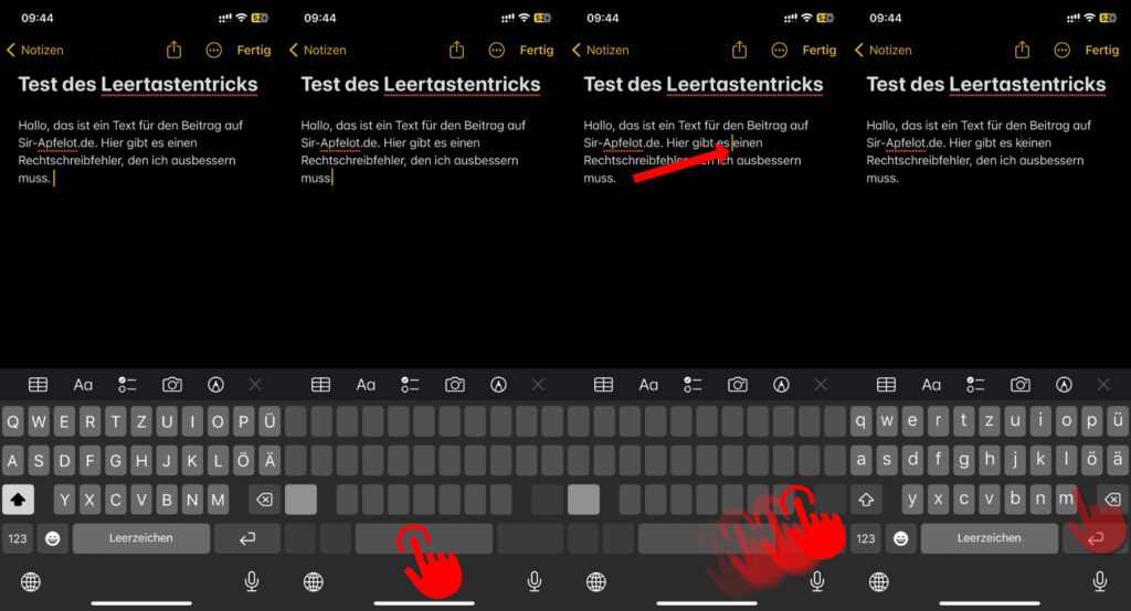 Um den Text-Cursor am iPhone präzise zu steuern, haltet einfach die Leertaste bis die Tastatur ausgraut. Dann verschiebt die Positionsanzeige im Textfeld, indem ihr den Finger bewegt.