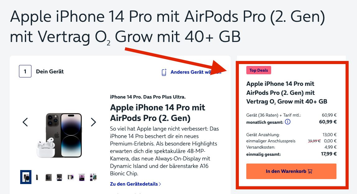 Im aktuellen Angebot von O2 gibt es für Apple Freunde die AirPods Pro 2. Generation und das aktuelle iPhone 14 Pro mit O2-Vertrag.