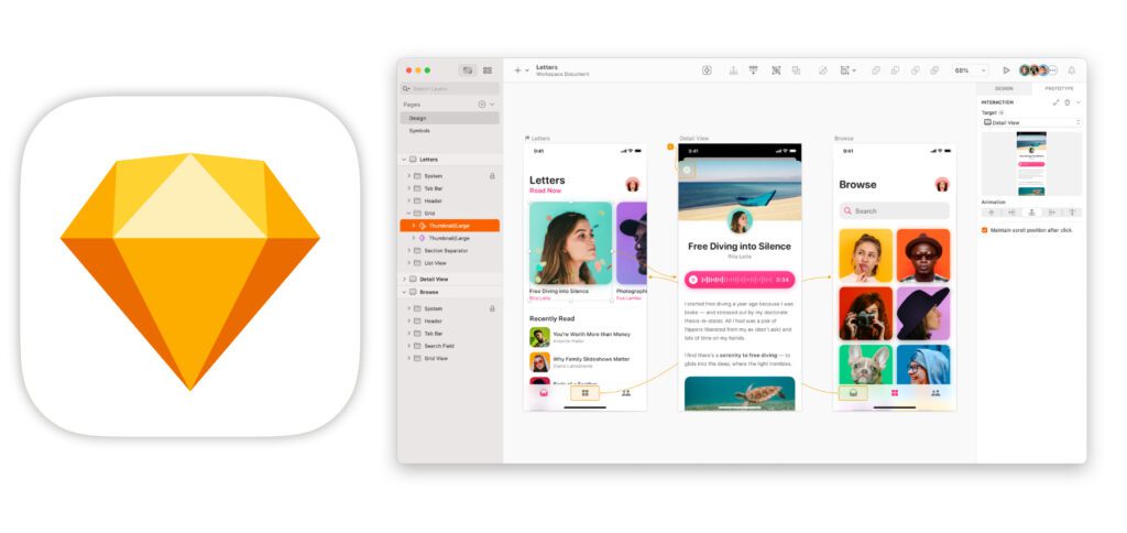 Sketch ist eine native Mac-App, die beim Designen und Programmieren von Apps hilft. Sie ist auf Apple-Computer mit M-Chip begrenzt, bietet aber Prototyp-Tests per Web-Einbindung an. Eine Figma-Alternative für Teams mit Mac, iMac und MacBook.