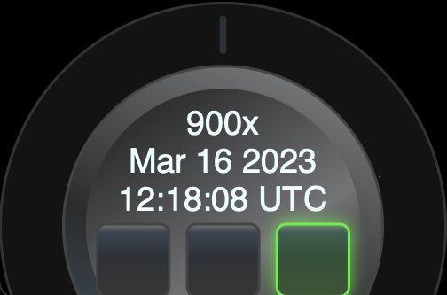 Angezeigt werden die 900-fache Geschwindigkeit, das damit erreichte Datum und die Uhrzeit sowie hervorgehoben das Quadrat für die vorwärts laufende Animation.