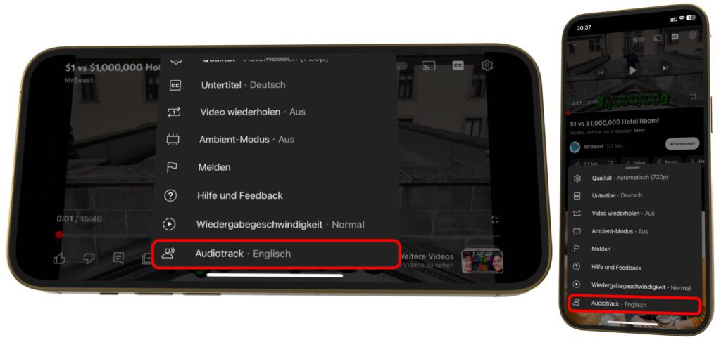 In der YouTube App für iOS findet ihr die Einstellungen ebenfalls über das Zahnrad-Symbol. Ganz unten in der Liste dieses Menüs findet sich bei entsprechend ausgestatteten Videos die Option "Audiotrack".