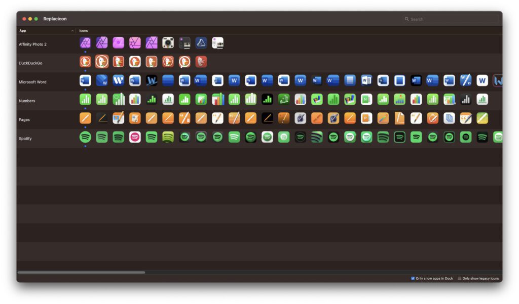 In der Replacicon App könnt ihr euch entweder alle installierten Programme mit veränderbaren Symbolen anzeigen lassen – oder nur jene, die auf dem Dock angepinnt sind. Unten rechts seht ihr das Feld, in dem das entsprechende Häkchen gesetzt wird.