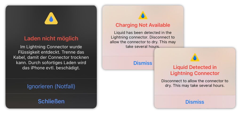 So oder so ähnlich kann die Warnung am Apple iPhone aussehen, wenn das Laden nicht möglich ist, weil im Lightning Connector Flüssigkeit entdeckt wurde. Hier findet ihr Tipps für den Umgang mit diesem Problem.