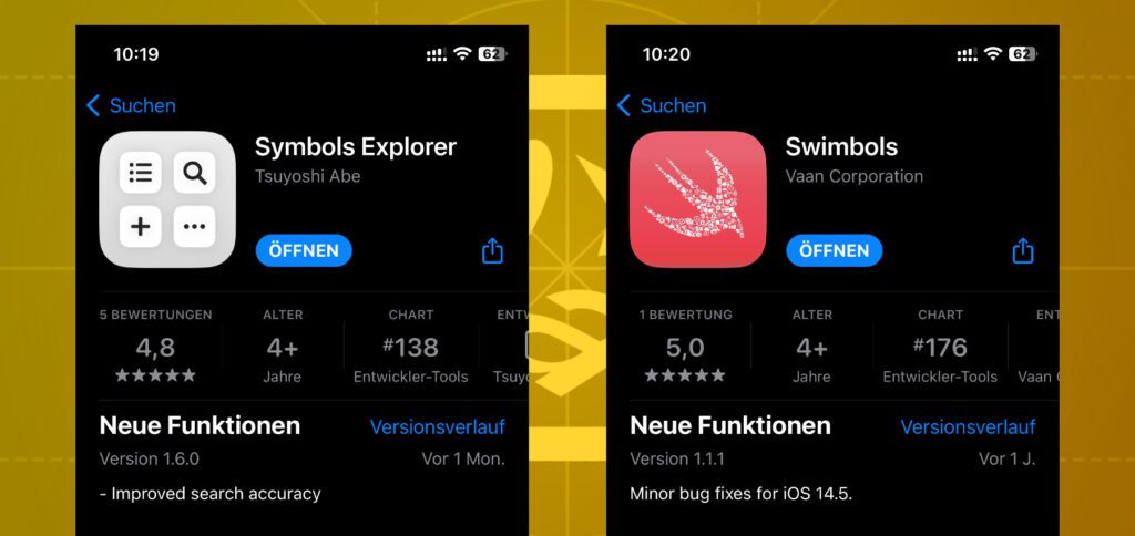 Es sind nicht die einzigen, aber zwei recht nützliche Anwendungen für die Nutzung von SF Symbols auf dem iPhone und iPad: Symbols Explorer und Swimbols.