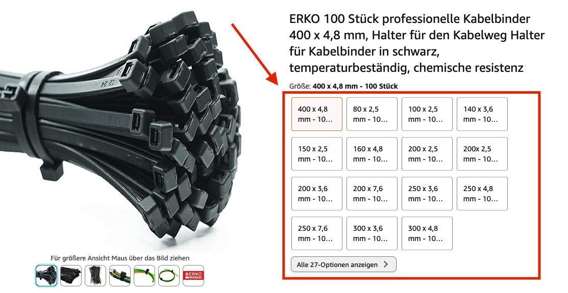 Schaut man auf der Produktseite der ERKO-Kabelbinder, hat man viele Produktvarianten zur Verfügung.