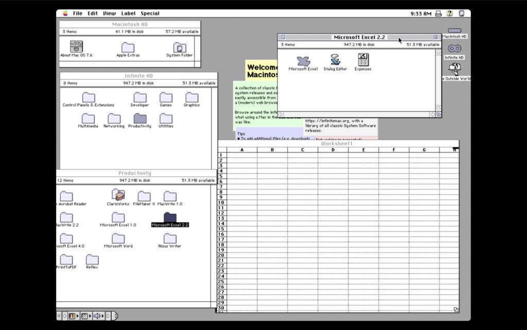 Hier seht ihr Mac OS 7.6 mit verschiedenen Ordnern sowie Microsoft Excel 2.2. Was für ein Unterschied zu den heutigen Systemen, Apps und UIs!