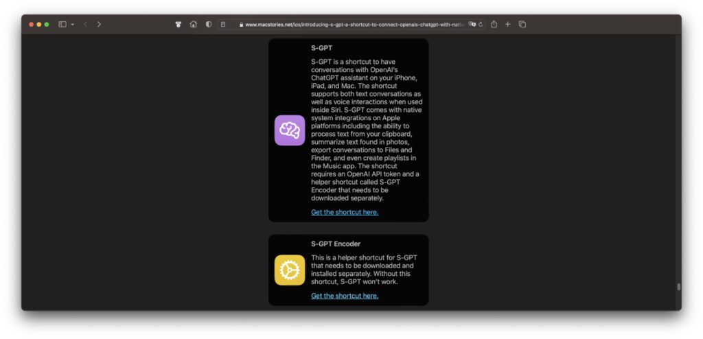 Der vorgefertigte Kurzbefehl S-GPT hilft dabei, ChatGPT in iOS, iPadOS und macOS zu integrieren. Er bietet eine KI-Hilfe für Texte, Musik und mehr an iPhone, iPad und Mac. Hier findet ihr eine Zusammenfassung und den Link zum offiziellen Download.