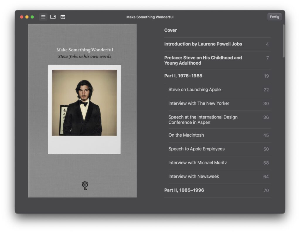 Make Something Wonderful: Steve Jobs in his own words – Das neue eBook könnt ihr euch kostenlos herunterladen oder es direkt auf der Webseite des Steve Jobs Archives lesen. Der Screenshot zeigt das Cover und einen Teil des Inhaltsverzeichnisses in Apple Bücher auf dem Mac.